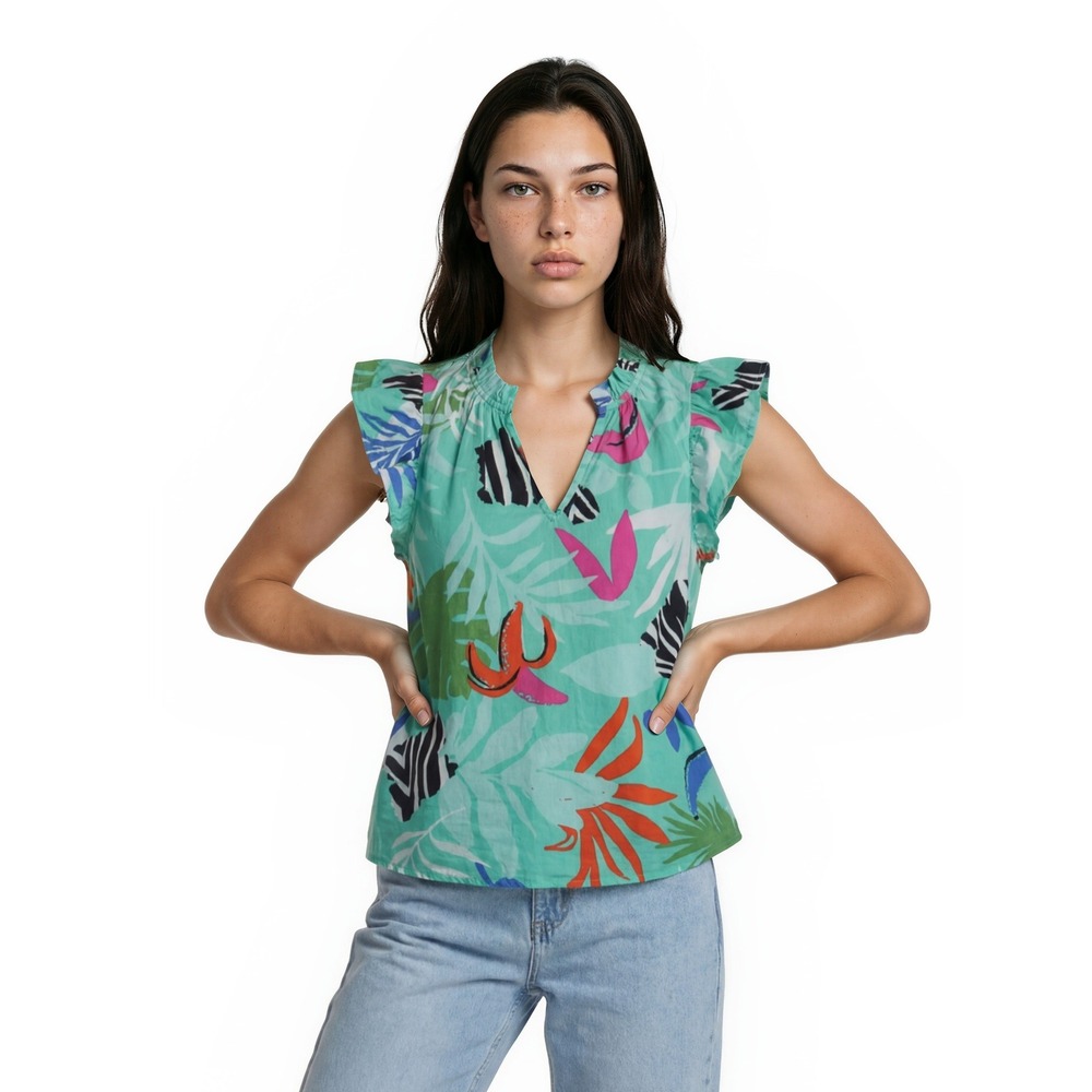 Mud Pie Top Women's‎ Size Medium Green Tropical Palm Leaf Ruffle Sleeve